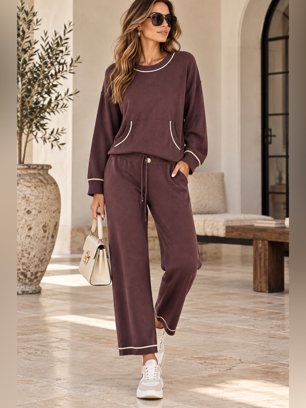 E60. Cozy Knit Lounge Set - brown with Contrast Trim